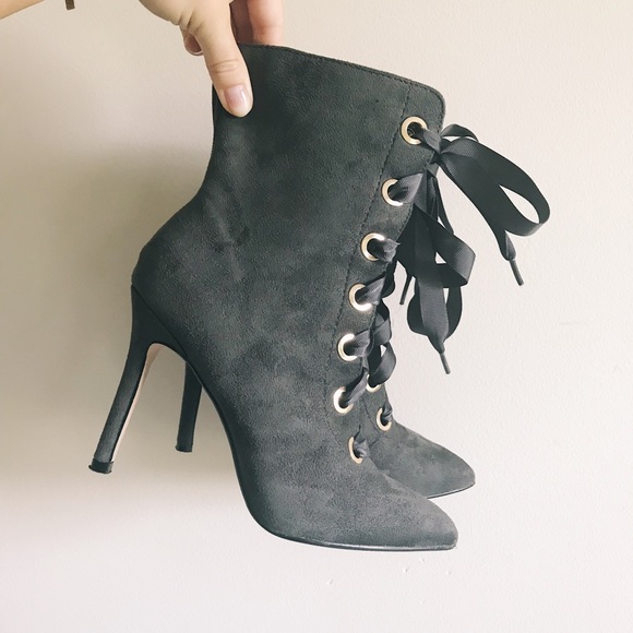 Gray Heels Boots Lace-up Suede Heeled Bootie Shoes - Picture 3 of 8
